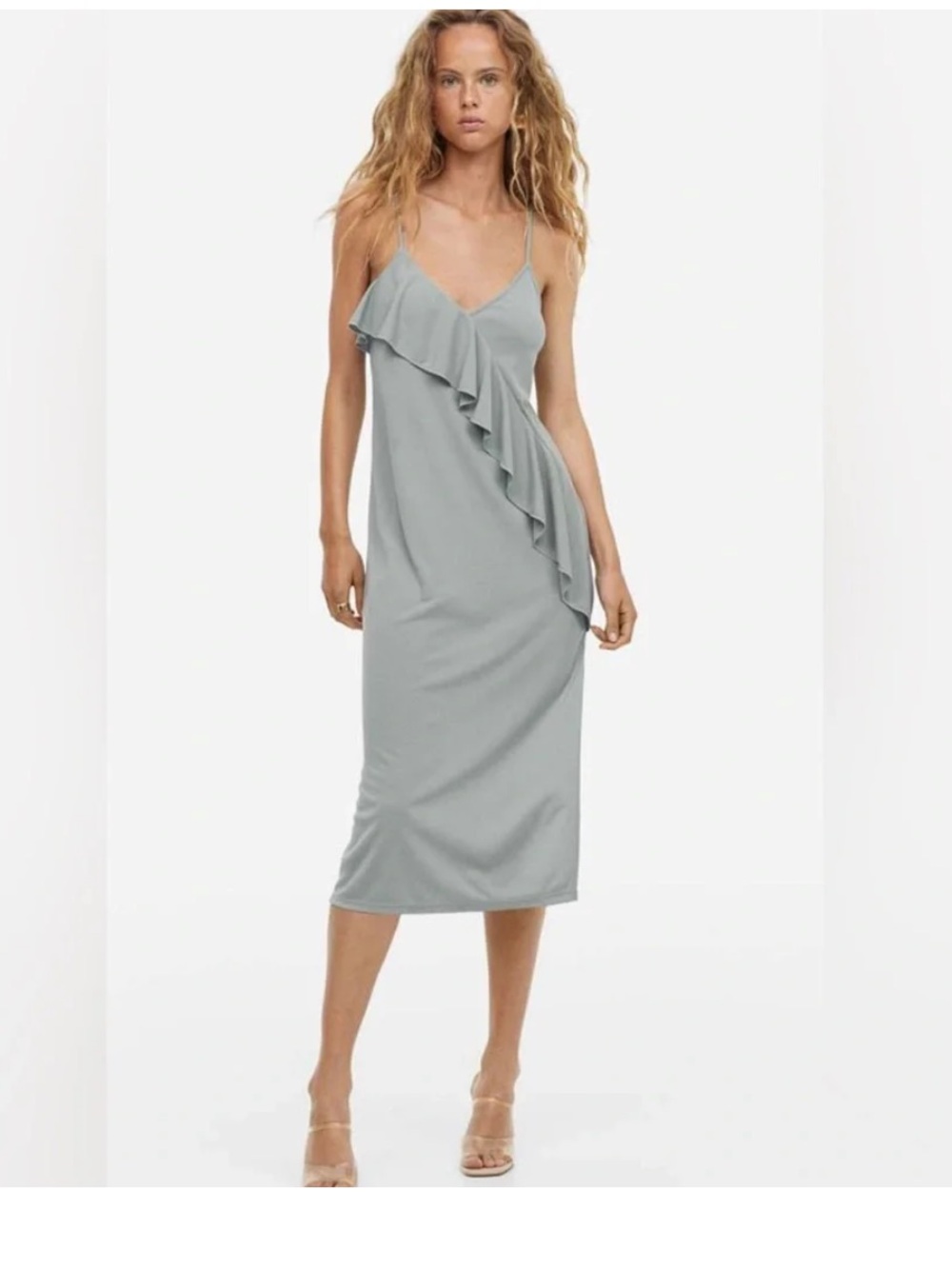 Women’s Ruffle-Front Midi Dress in Blue Grey